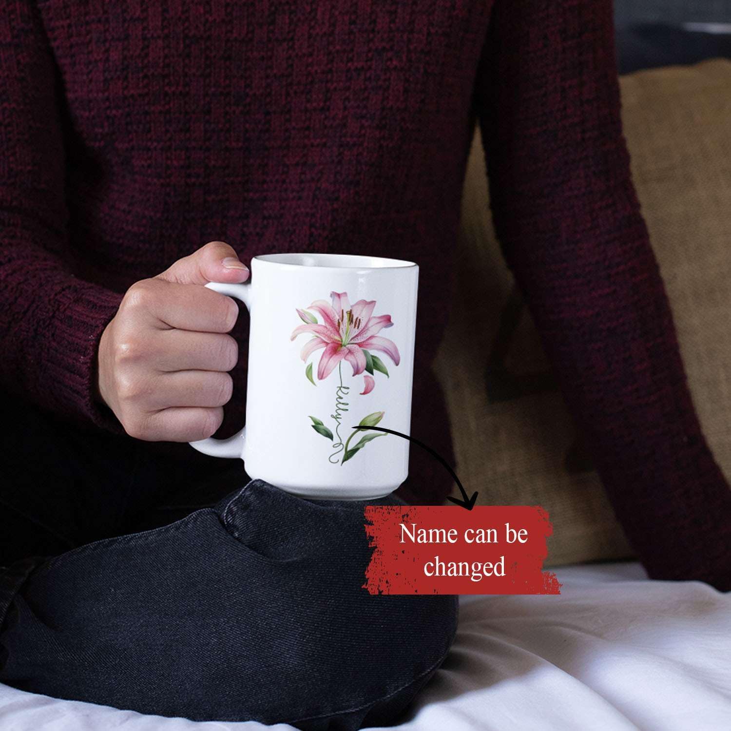 Customized Lily Flower Accent Cup, Novelty Flower Design Mug 11oz 15oz, Personalized Name Lily