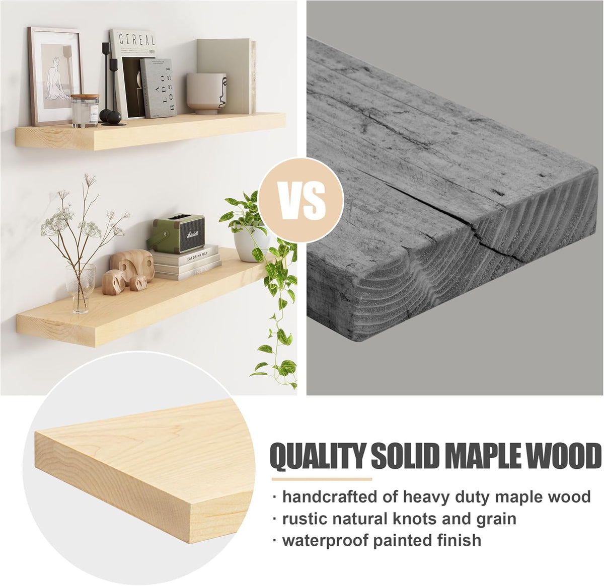 Floating Shelves for Wall, USA-Sourced Maple Wood 36 Inch Long Wall Shelves Set of 2, Natural