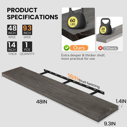 Fun Memories Floating Shelves for Wall, 48"x9.3" Rustic Solid Elm Wood Shelves, Heavy-Duty Wall