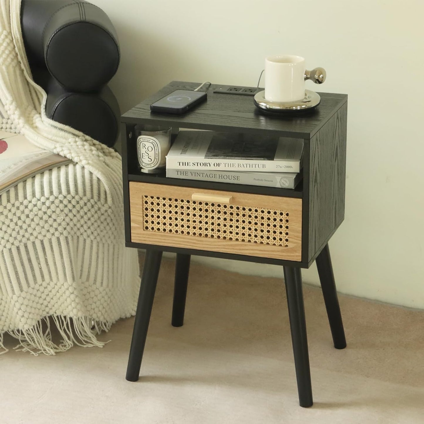 MaxSmeo Mid Century Modern Nightstand with Charging Station, Bedside Tables with Rattan Drawer