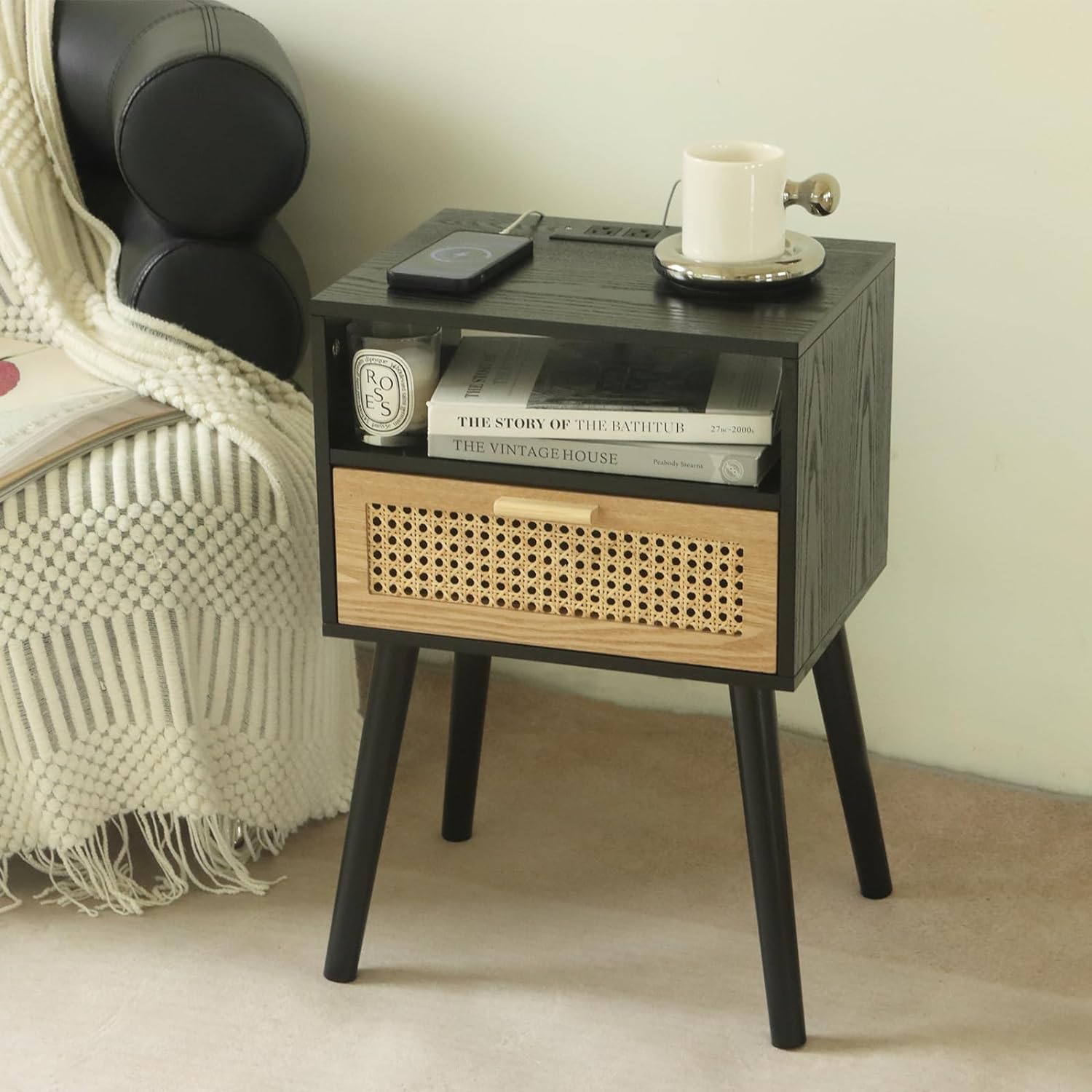 MaxSmeo Mid Century Modern Nightstand with Charging Station, Bedside Tables with Rattan Drawer