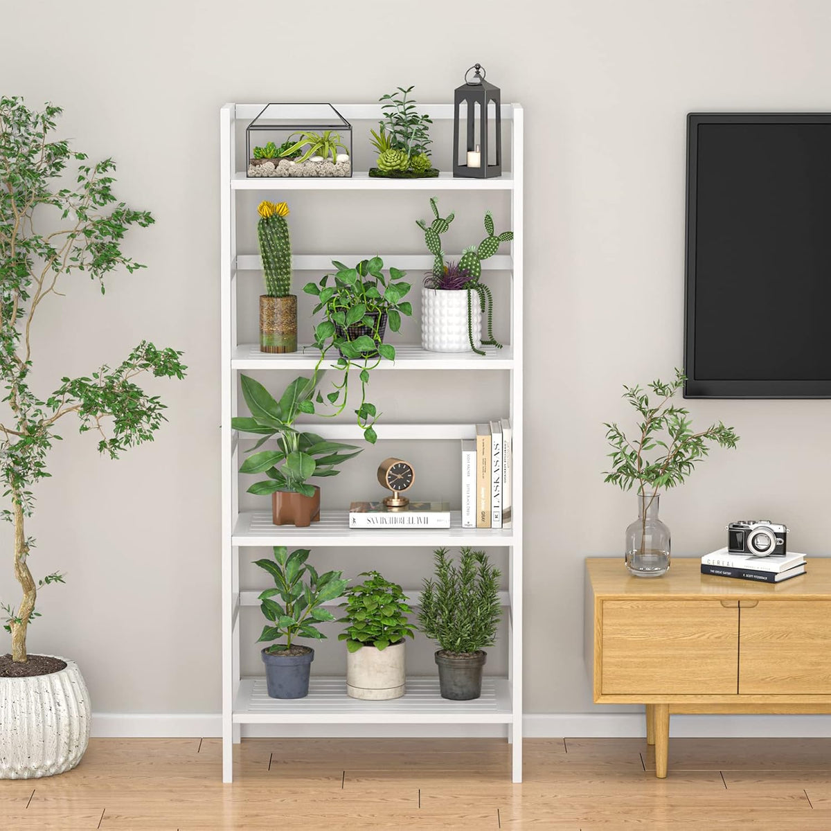 Homykic Bamboo White Bookshelf 4-Tier Ladder Shelf, 49.2” Freestanding Open Bookcase Book Shelf