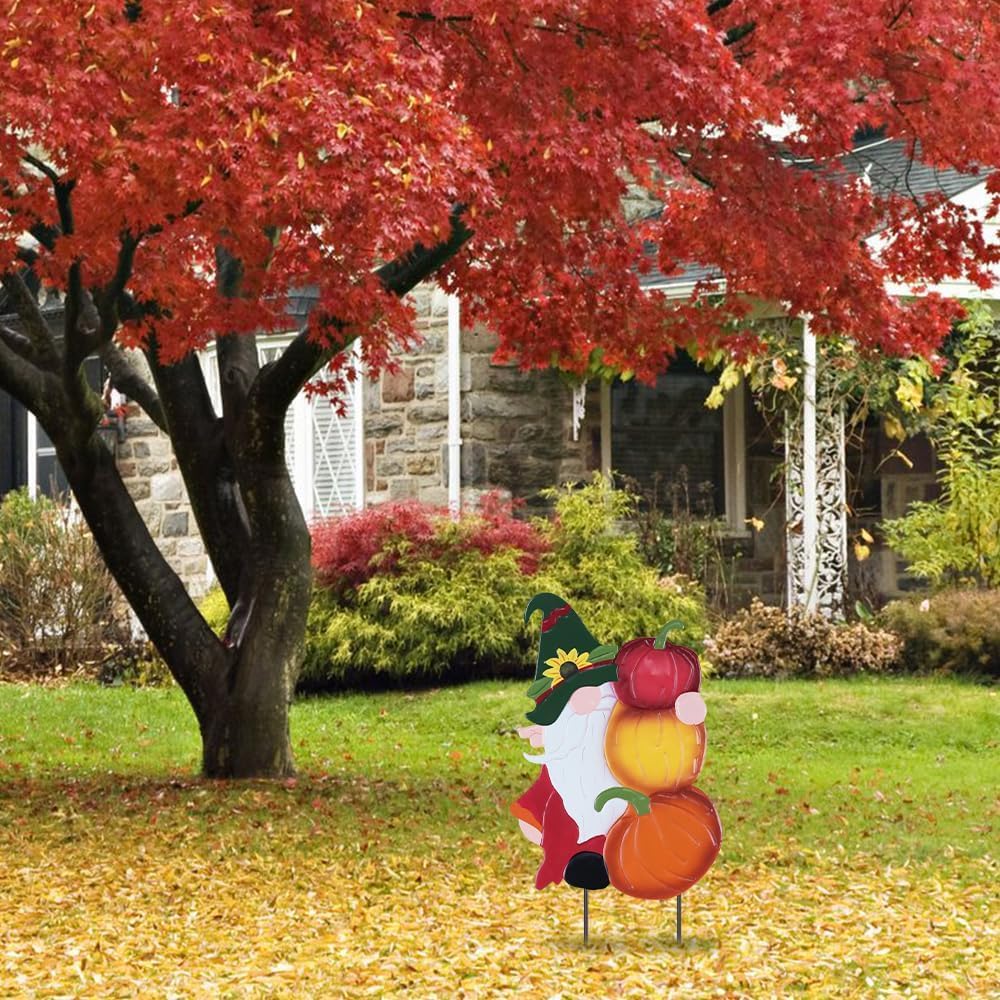 YEAHOME Fall Decorations Outdoor, Metal Gnome with Pumpkin Decorative Garden Stakes for Fall Decor