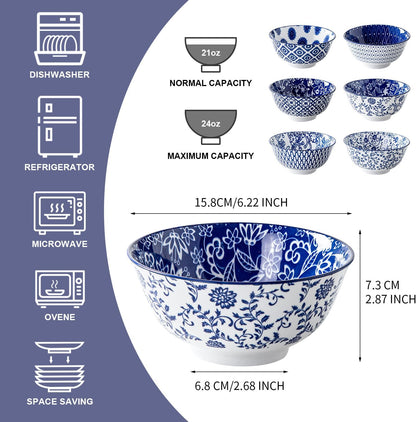 Ceramic Soup Bowls Set - 24 Oz Deep Cereal Bowl for Kitchen - 6 Inch Large Porcelain Dinner Bowl