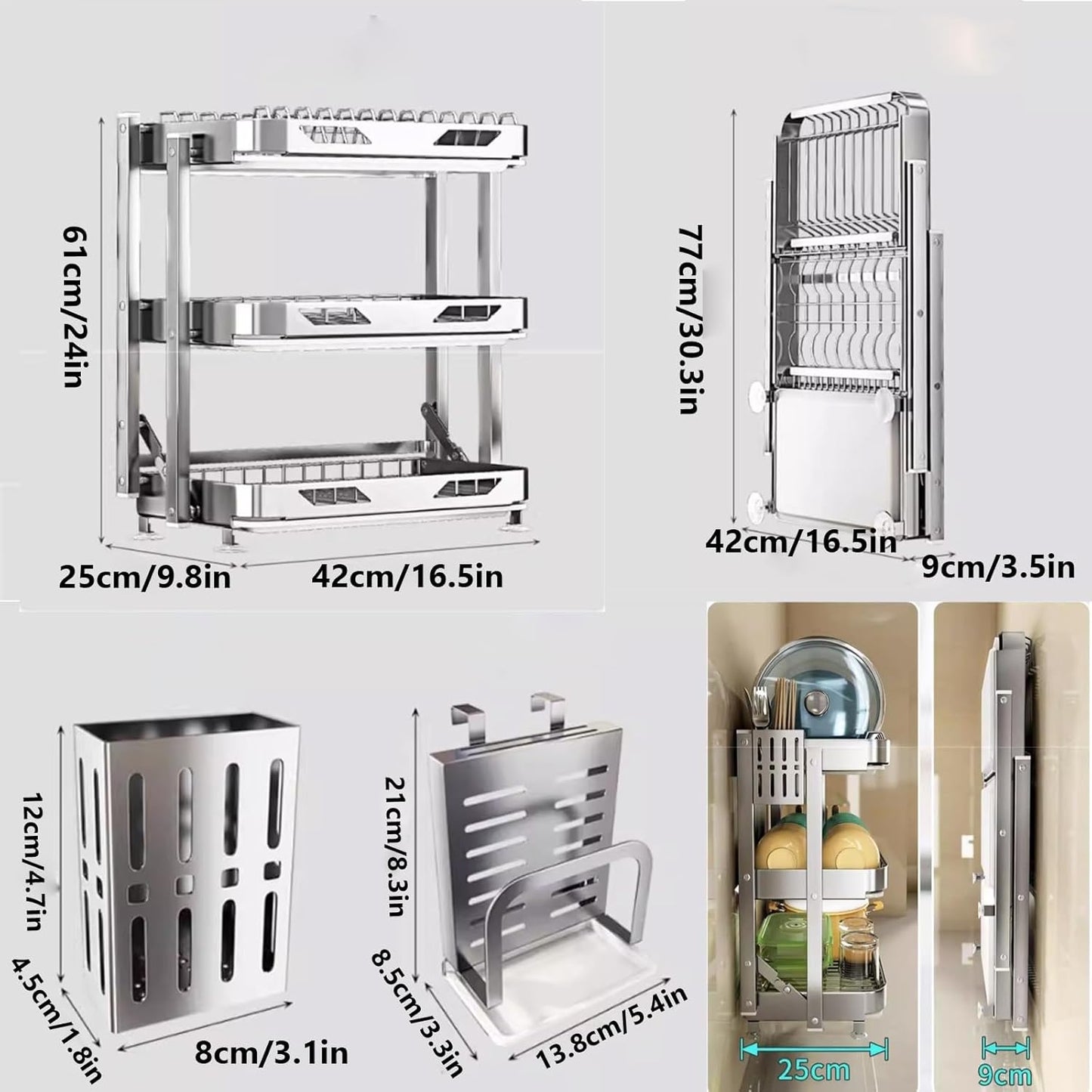 Dish Drying Rack with Drain Board - Rustproof Stainless Steel Dish Rack with Utensil Holder,Dish