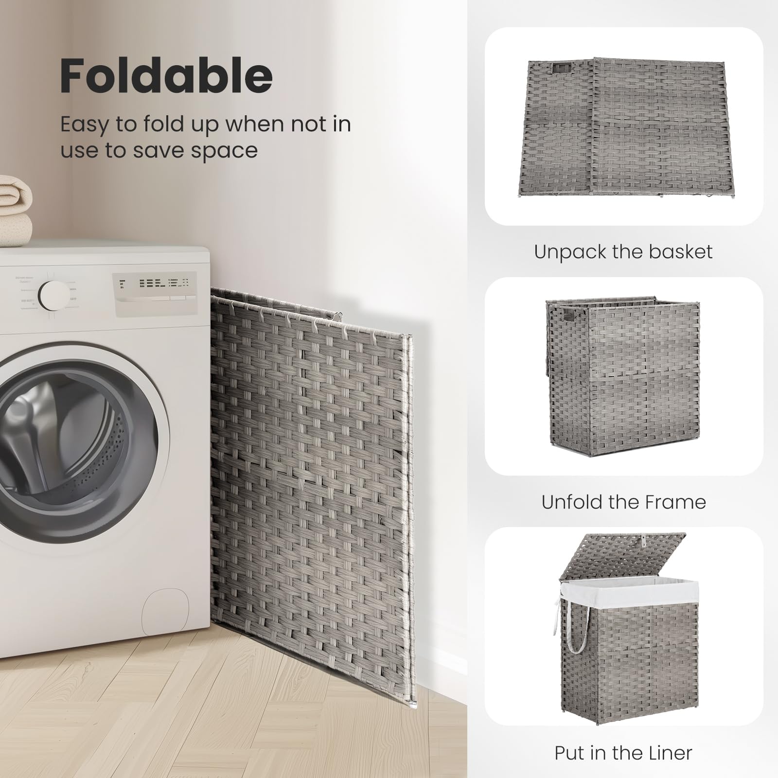 DUMOS Wicker Laundry Basket with Lid, 110L Woven Laundry Hamper with Handles, Foldable Rattan