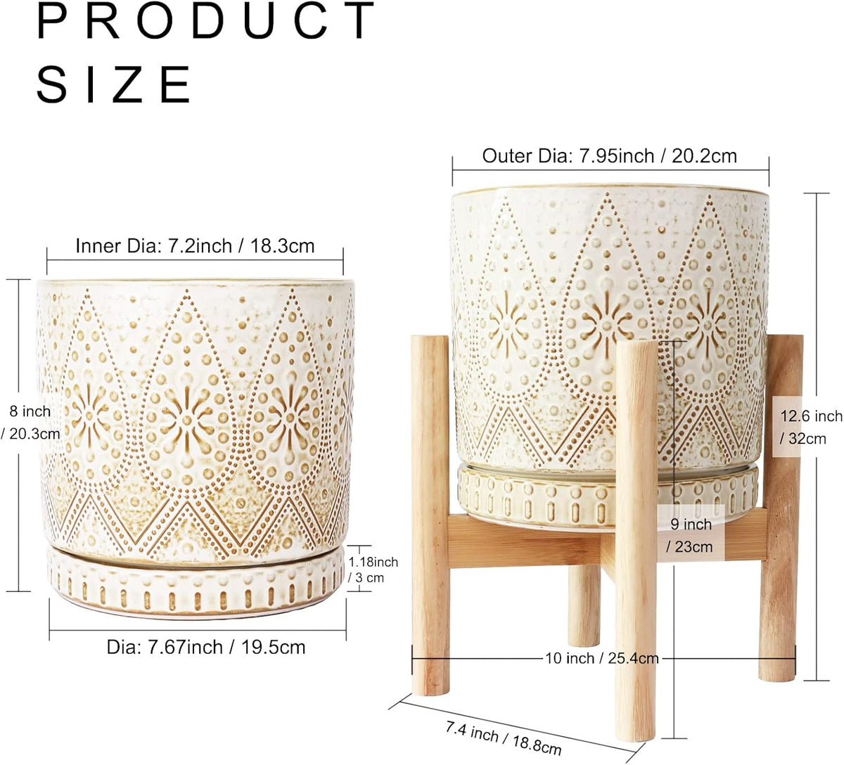8 Inch Plant Pot with Stand, Ceramic Planter with Drainage Holes, Saucers and Mesh Pads for