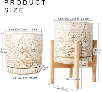 8 Inch Plant Pot with Stand, Ceramic Planter with Drainage Holes, Saucers and Mesh Pads for