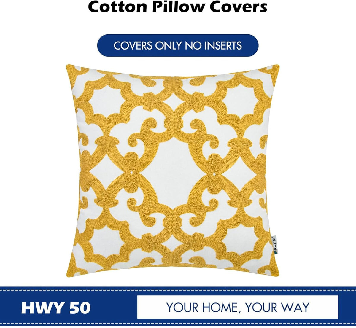 HWY 50 Mustard Yellow Decorative Throw Pillow Covers 18x18 Inch (1 Piece), Embroidered Cotton