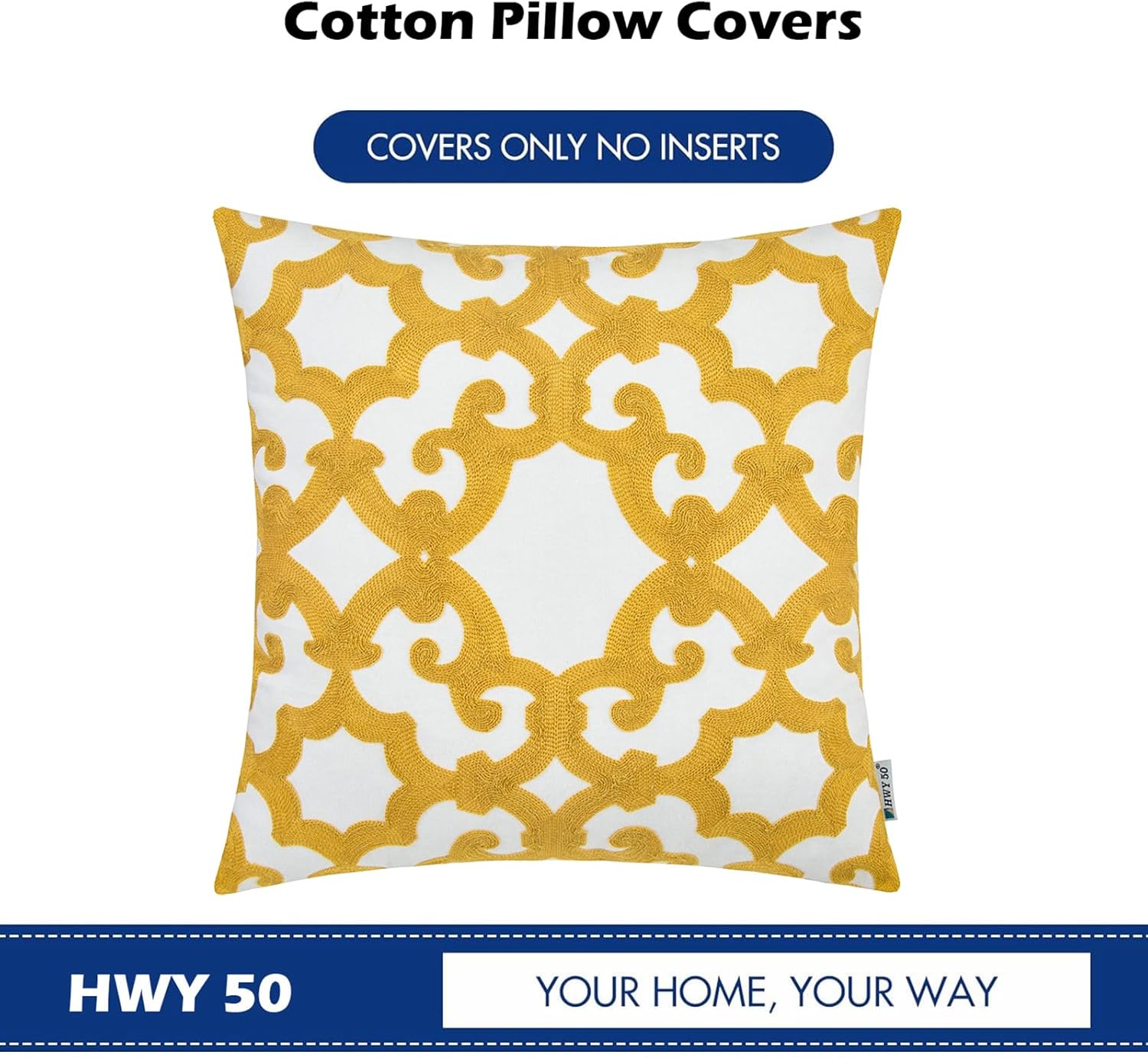 HWY 50 Mustard Yellow Decorative Throw Pillow Covers 18x18 Inch (1 Piece), Embroidered Cotton
