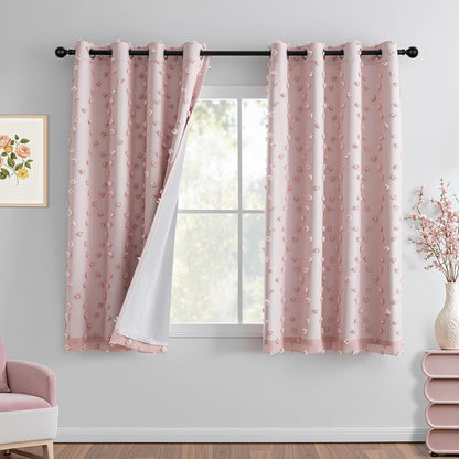 MYSKY HOME Blush Pink Pom Pom Blackout Curtains for Girls Bedroom 63 Inch Long 100% Room Darkening
