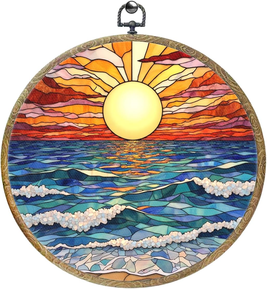 Colorful Boho Waves on The Beach Sunset Gifts for Sunset Lovers Framed Round Wall Decor Canvas Wall