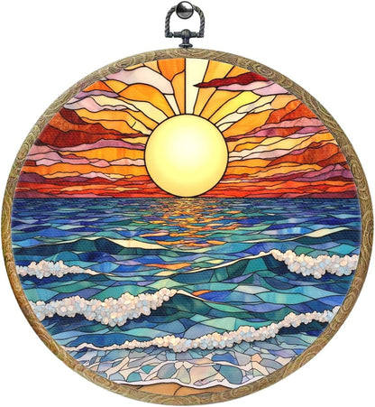 Colorful Boho Waves on The Beach Sunset Gifts for Sunset Lovers Framed Round Wall Decor Canvas Wall