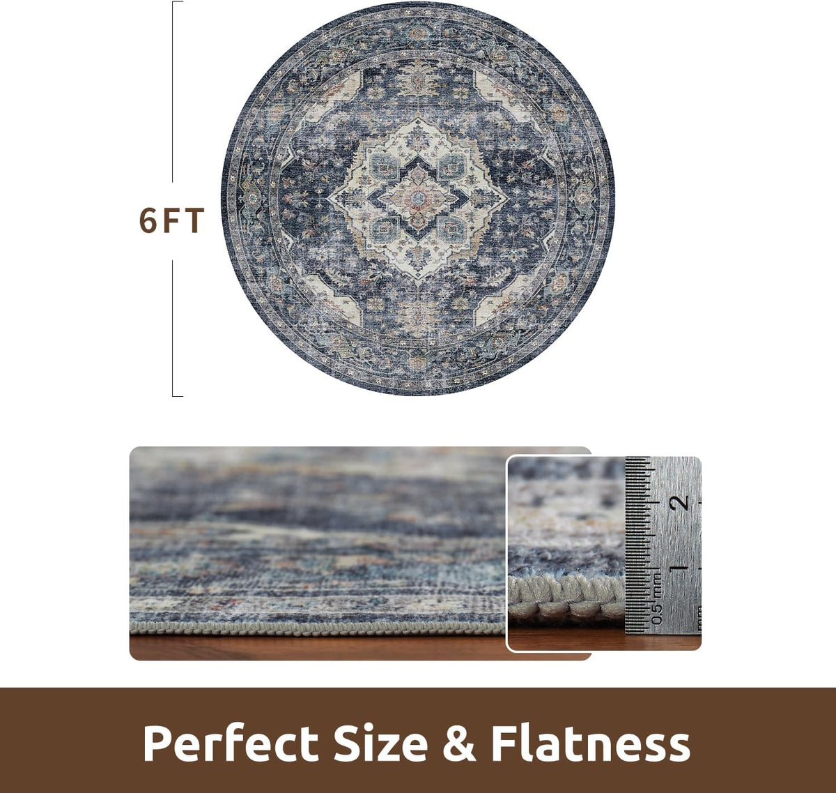 AMOAMI-6FT Round Rug-Rugs for Living Room-Vintage Soft Blue Rugs for Bedroom-Non Slip Circle