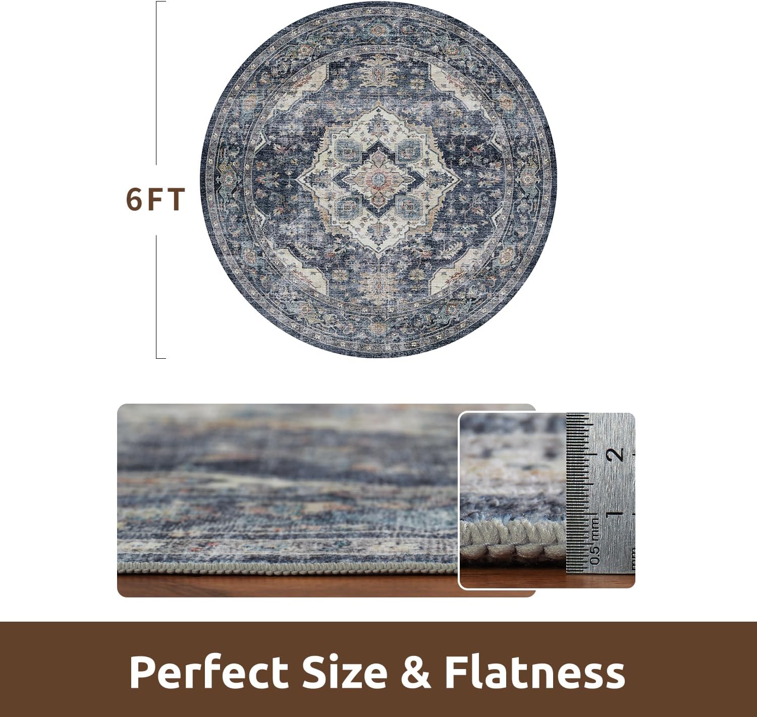 AMOAMI-6FT Round Rug-Rugs for Living Room-Vintage Soft Blue Rugs for Bedroom-Non Slip Circle