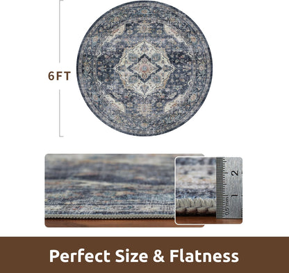 AMOAMI-6FT Round Rug-Rugs for Living Room-Vintage Soft Blue Rugs for Bedroom-Non Slip Circle