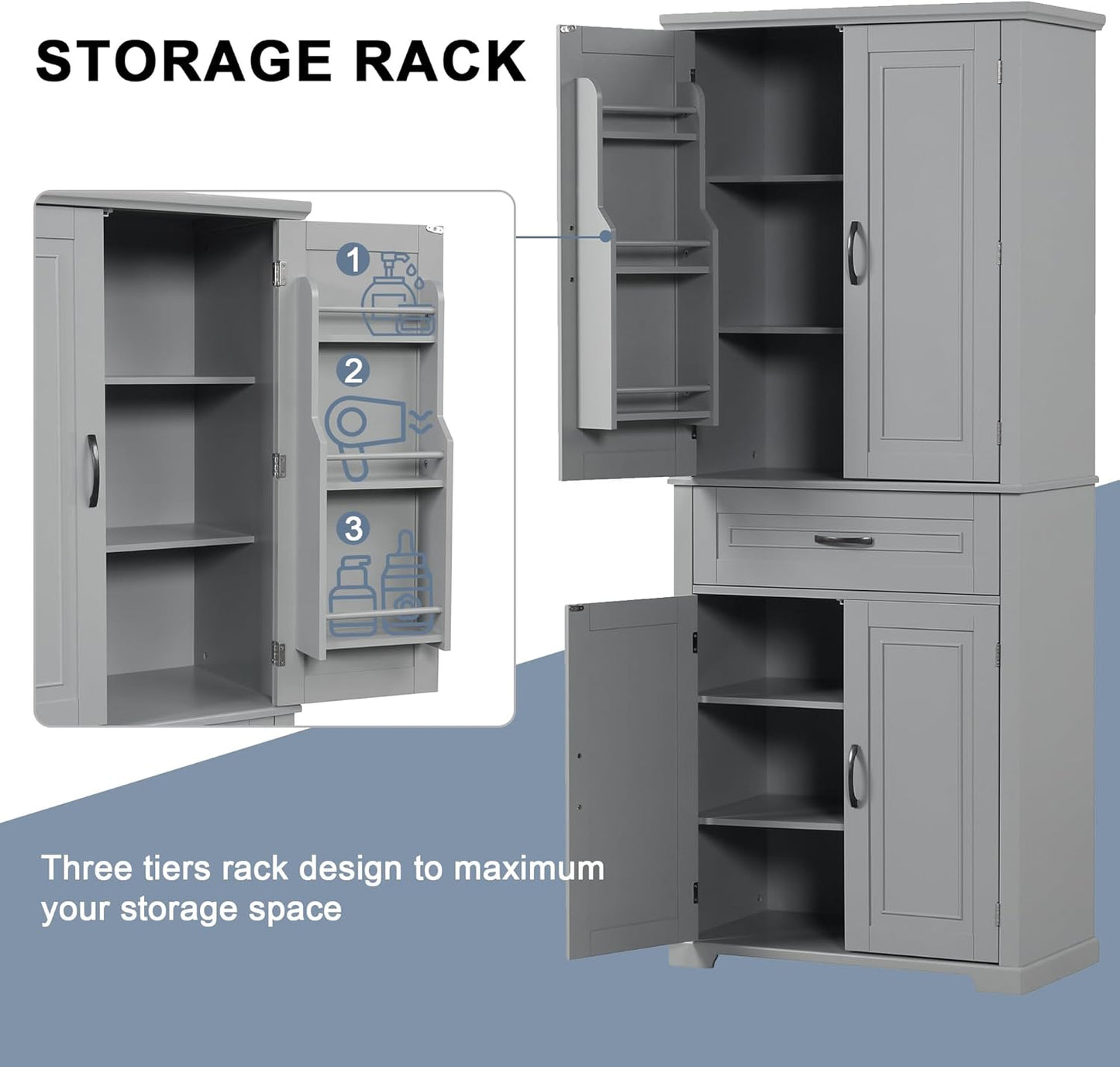 72.2" Tall Storage Cabinet with 4 Doors and Drawer, Freestanding Linen Cabinet, Wooden Pantry with