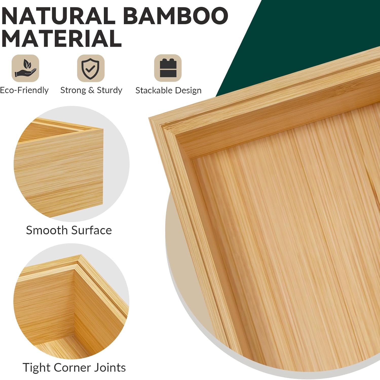 Bamboo Drawer Organizer, Narrow Stackable Cutlery Tray for Kitchen, 2 Pcs Silverware & Utensil Box