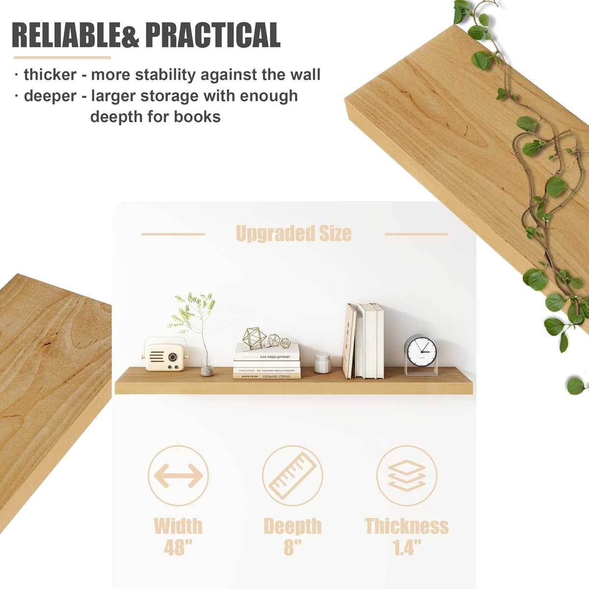 Floating Shelves for Wall, USA-Sourced Brich Wood 48 Inch Long Wall Shelves, Natural Wooden Mounted
