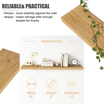 Floating Shelves for Wall, USA-Sourced Brich Wood 48 Inch Long Wall Shelves, Natural Wooden Mounted