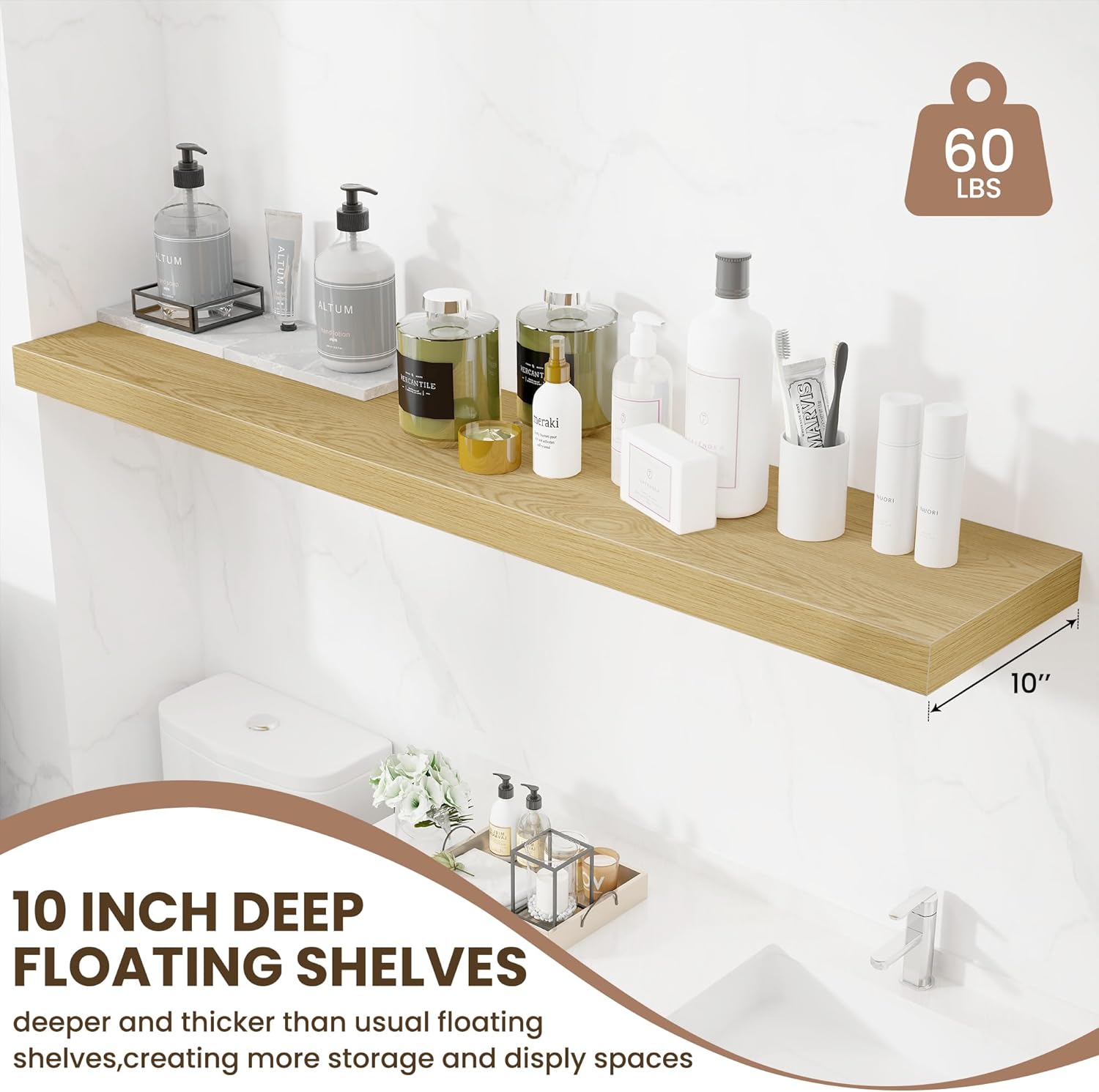 Fun Memories 55 Inch Fireplace Mentel Shelf, 10 Inch Deep Shelves for Display & Wall Storage