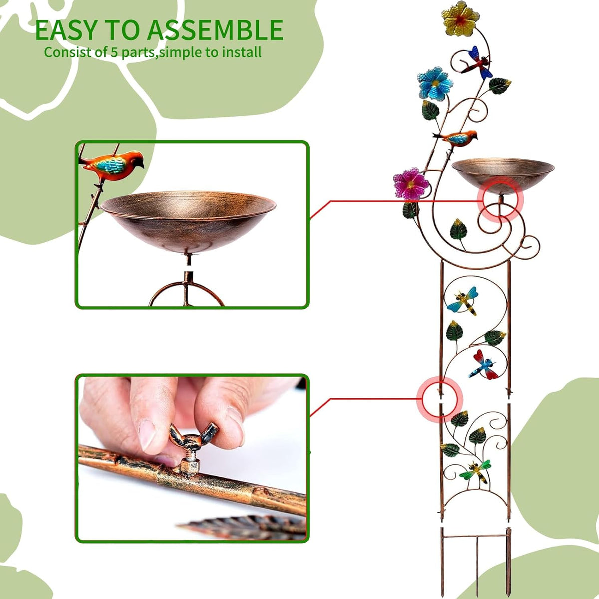 57" Height Metal Bird Bath with Trellis for Outdoor, Vintage Decorative Bird Baths, Small Garden