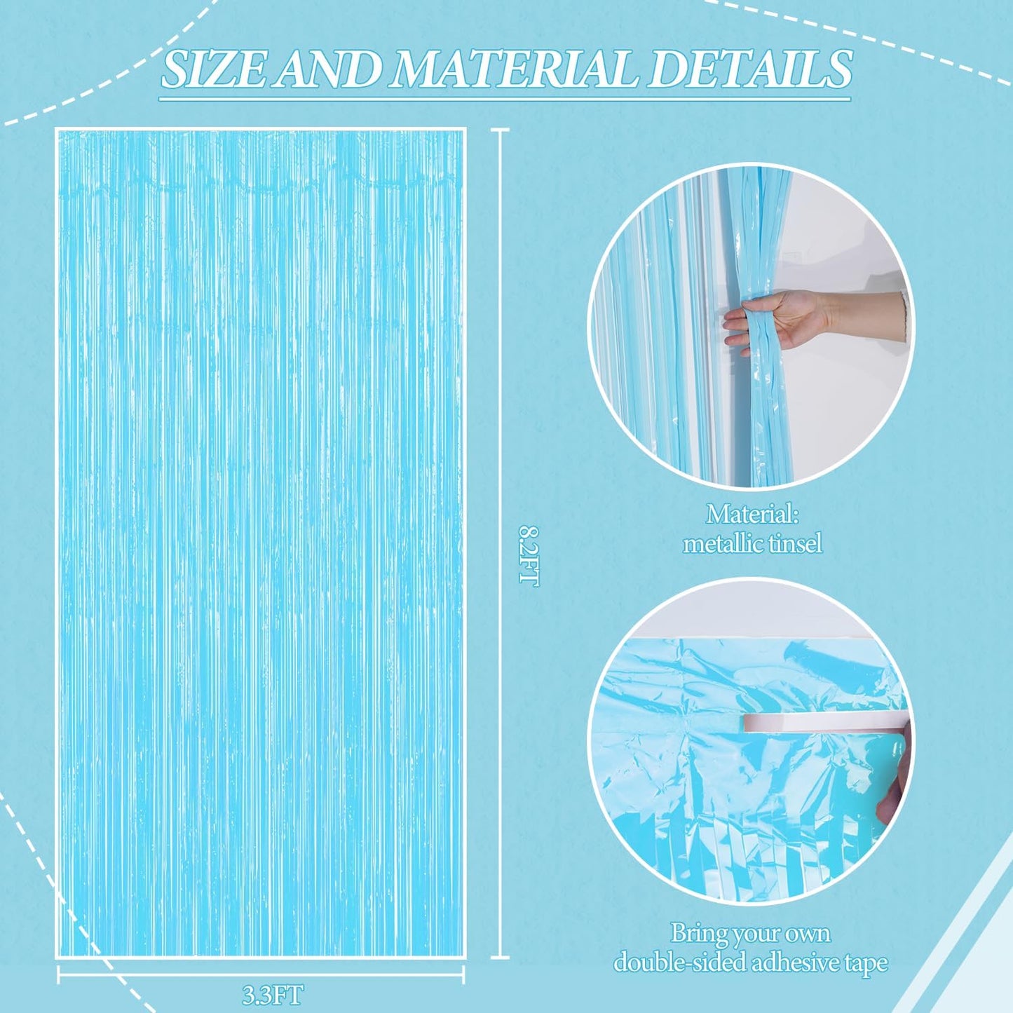 3 Pack Foil Fringe Backdrop - Pastel Blue Shiny Tinsel Curtains for Party Decoration/Photo Booth