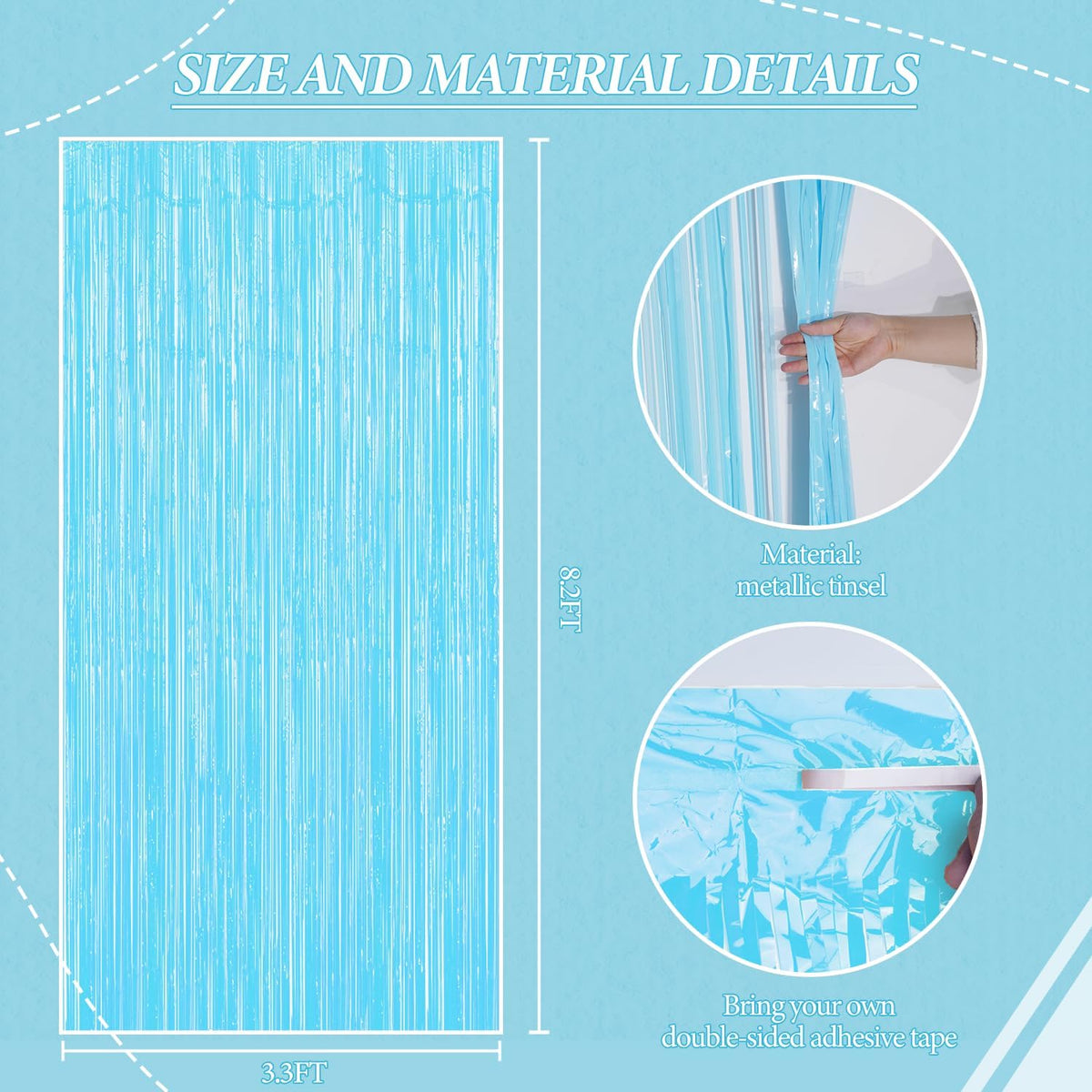 3 Pack Foil Fringe Backdrop - Pastel Blue Shiny Tinsel Curtains for Party Decoration/Photo Booth