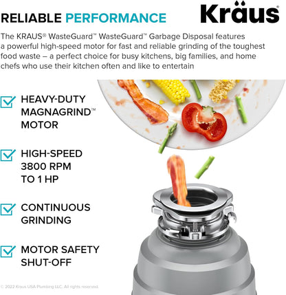 KRAUS WasteGuard High-Speed 1 HP Continuous Feed Ultra-Quiet Motor Garbage Disposal with Power Cord