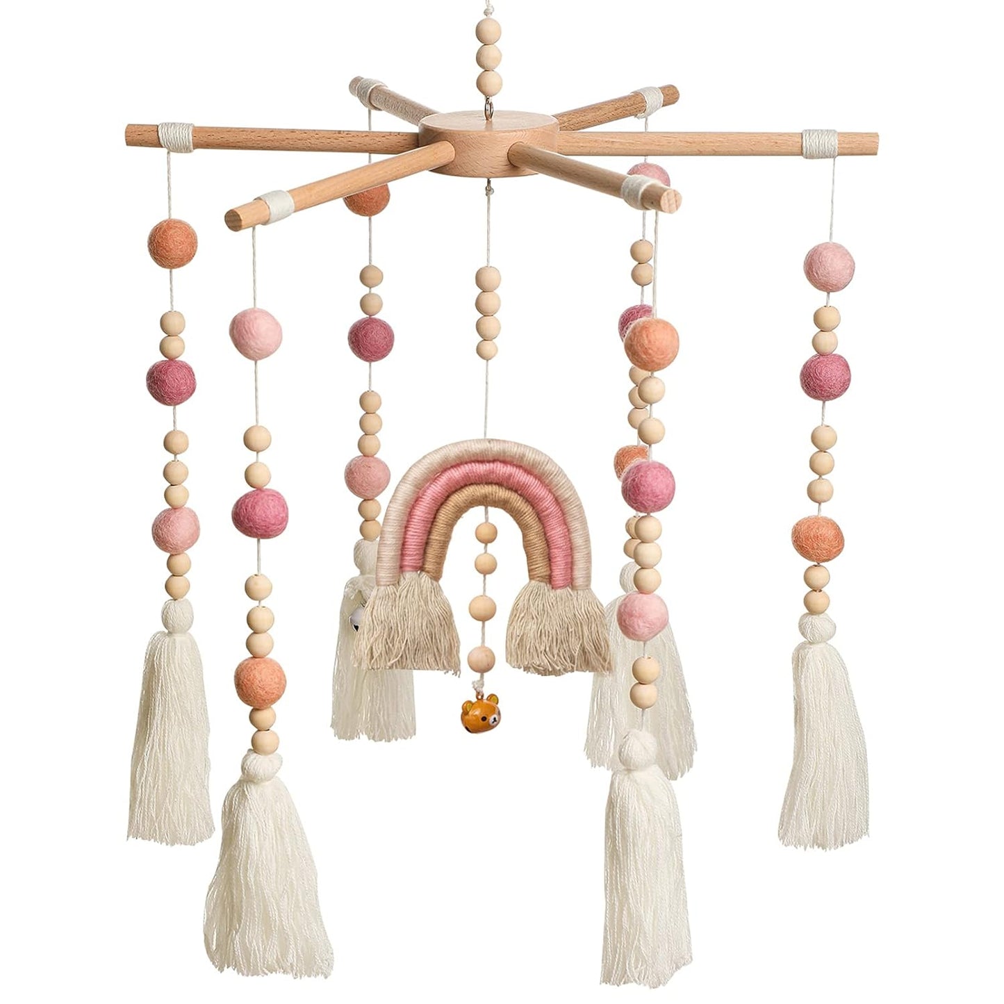 Baby Crib Mobile,Crib Mobile Wooden Mobile with Colorful Cotton Ball Wool Felt Ball Boho Baby