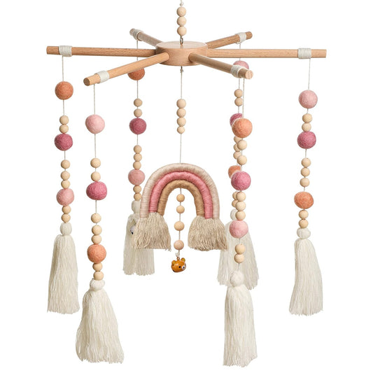 Baby Crib Mobile,Crib Mobile Wooden Mobile with Colorful Cotton Ball Wool Felt Ball Boho Baby
