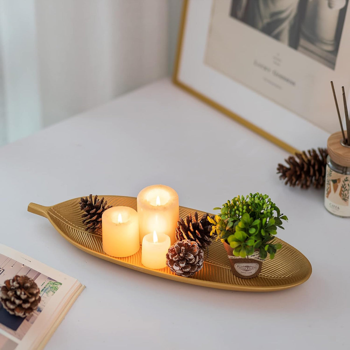 Hanobe Leaf Wooden Decorative Tray: Leaf Shaped Wood Key Tray Decor Leaves Bowl for Crystal Small