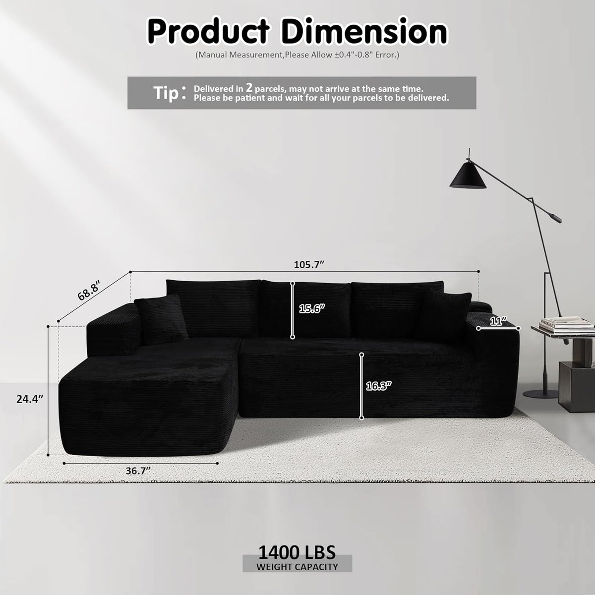 ovios 104" Cloud Sectional Couch with L-Shape Chaise,Modern Modular Sofa with Deep Seat