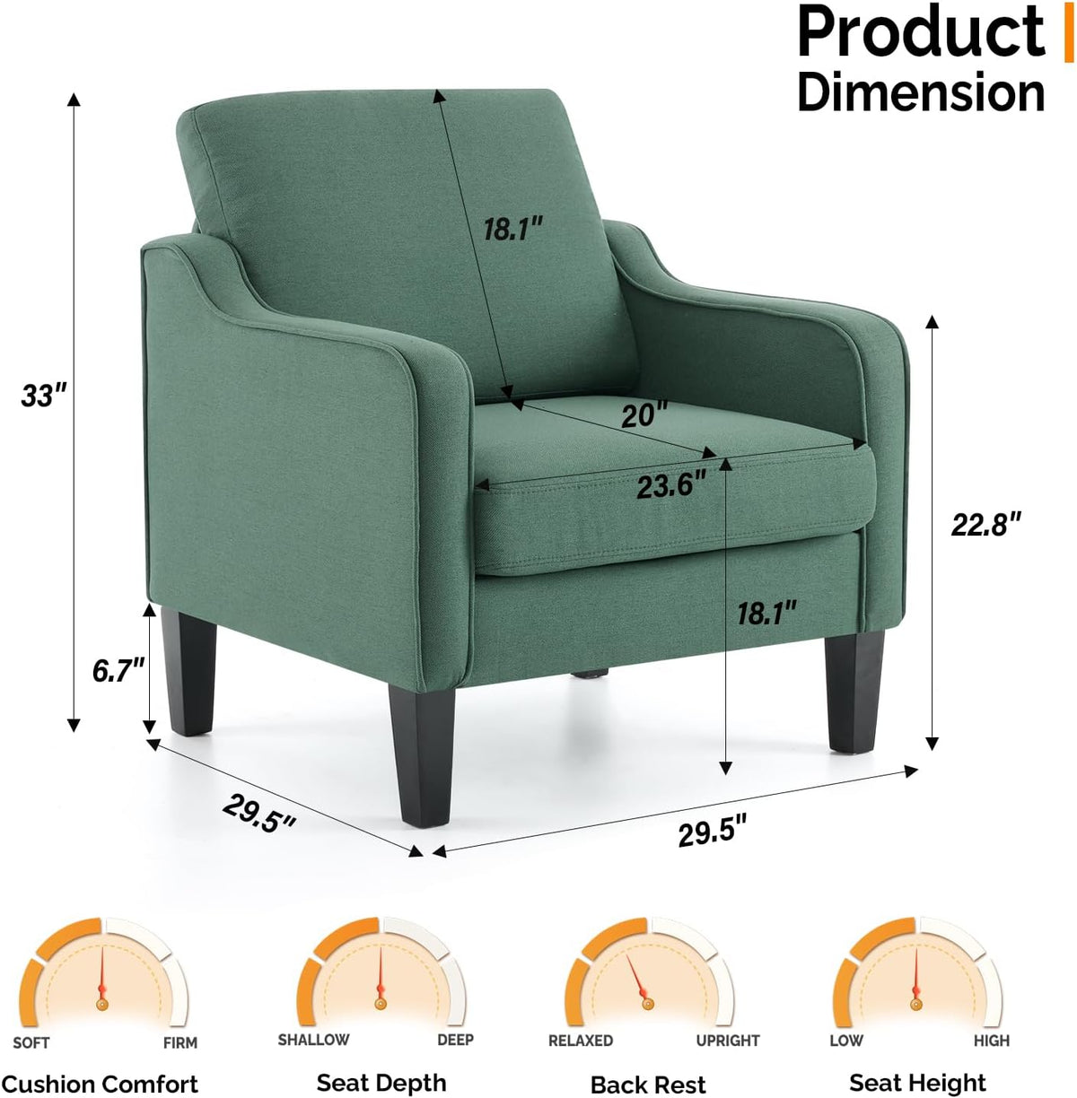 VINGLI Accent Chair for Living Room Chairs Dark Green Reading Chair for Bedroom Scooped Arm Chair
