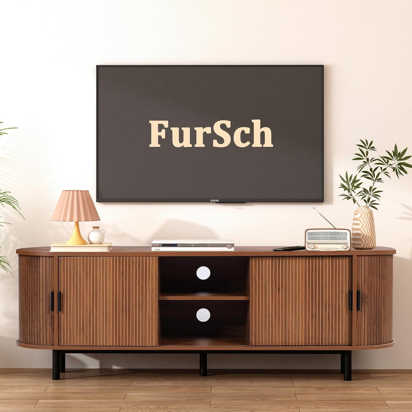 62" Tambour Door TV Stand,Wood Mid Century Modern TV Cabinet for Up to 70“ TV,Curved Edge Long TV
