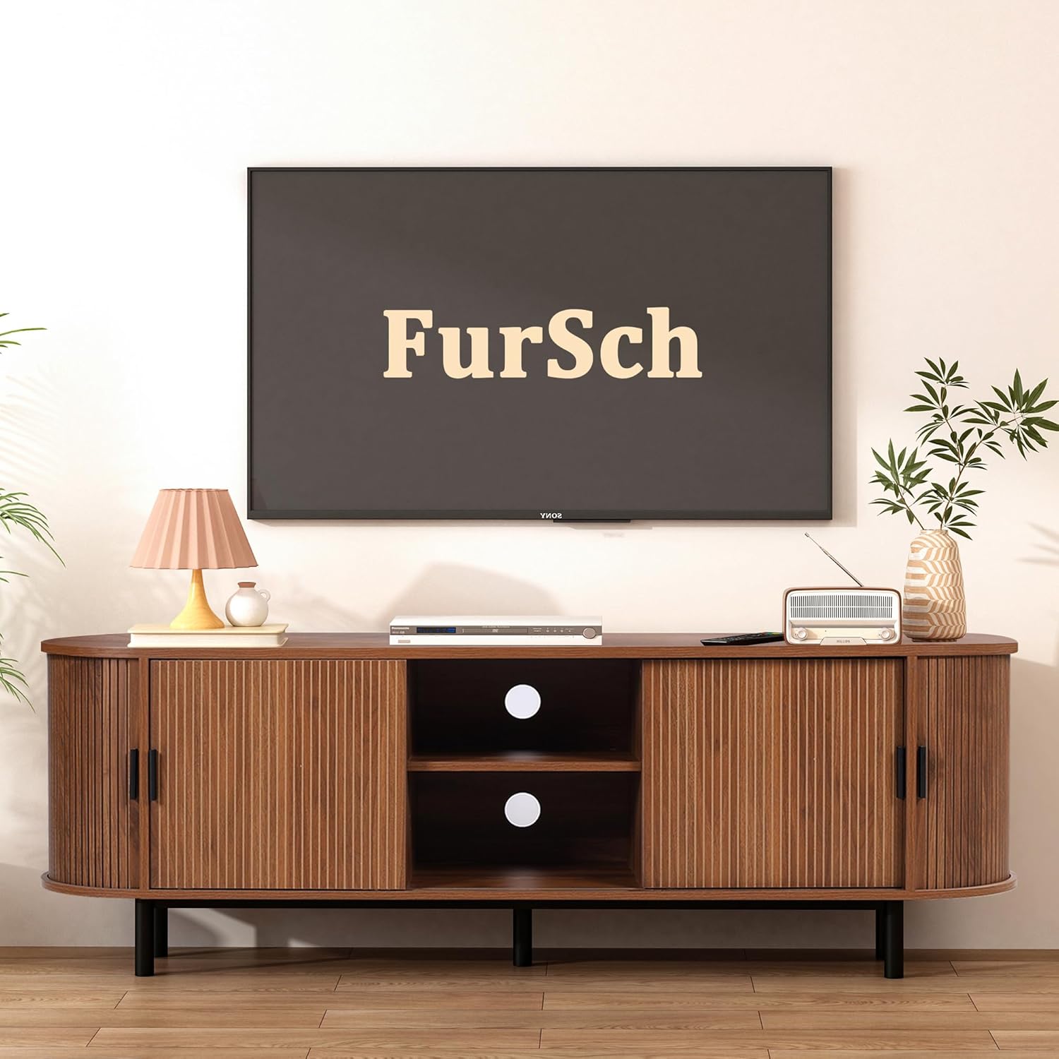 62" Tambour Door TV Stand,Wood Mid Century Modern TV Cabinet for Up to 70“ TV,Curved Edge Long TV