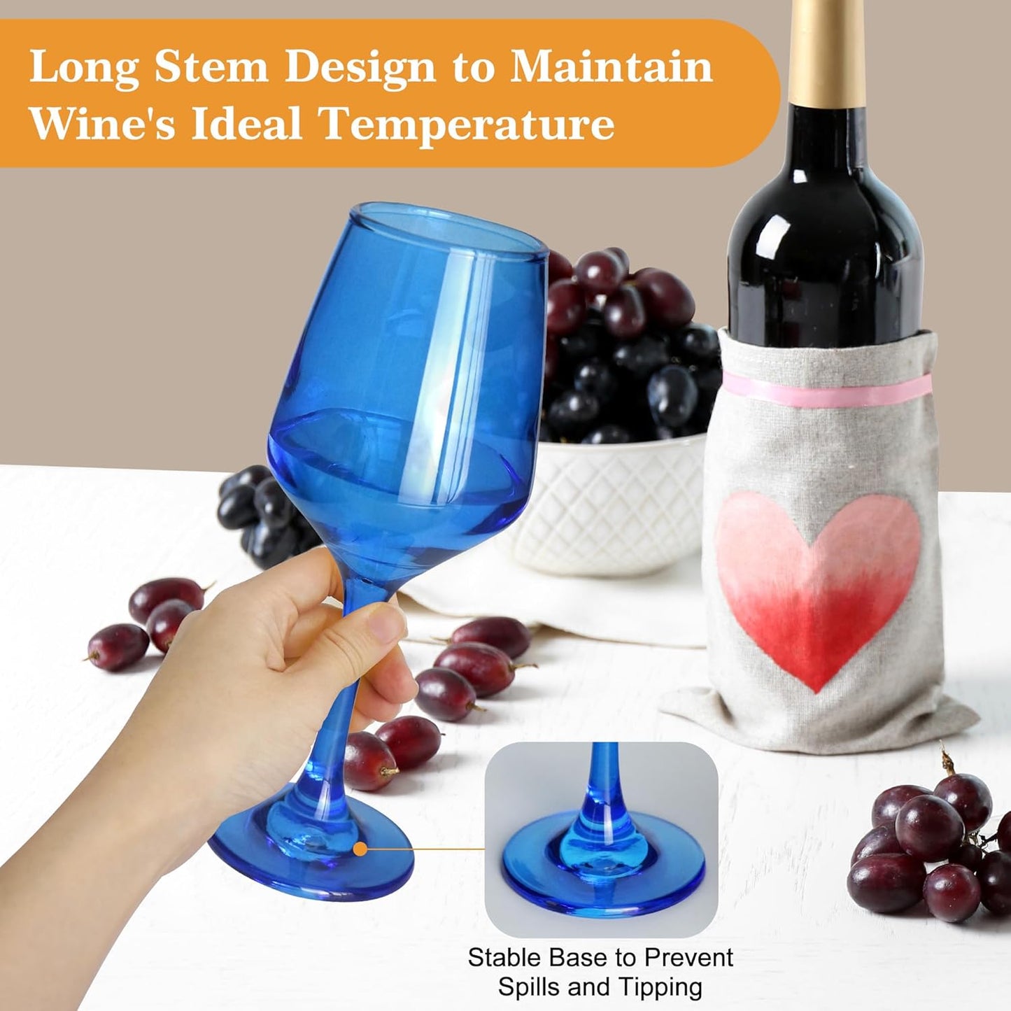 Blue Wine Glasses Set of 6-14oz Blue Long Stem Wine Glass, Pretty Crystal Glassware, Hand Blown