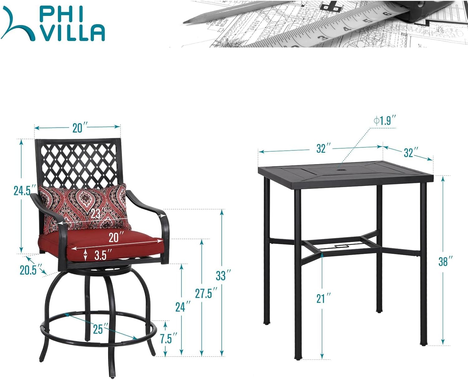PHI VILLA 5 Piece Patio Bar Hight Dining Set for 4, Outdoor Bar Set with 4 Swivel Cushioned Bar