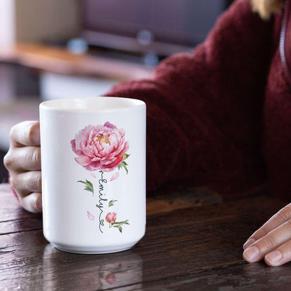 Flower Design Mug With Custom Name, Unique Peony Flower Ceramic Cup, Customized Flower Lover Coffee