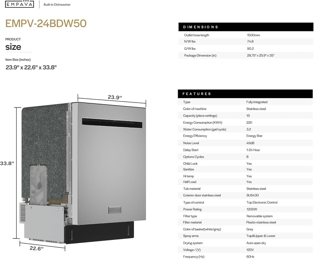 Empava 24 Inch Built-in Dishwasher, Stainless Steel Tub 15 Place Settings, 8 Wash Cycles, Top