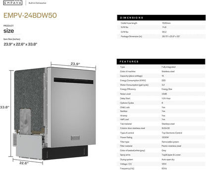 Empava 24 Inch Built-in Dishwasher, Stainless Steel Tub 15 Place Settings, 8 Wash Cycles, Top