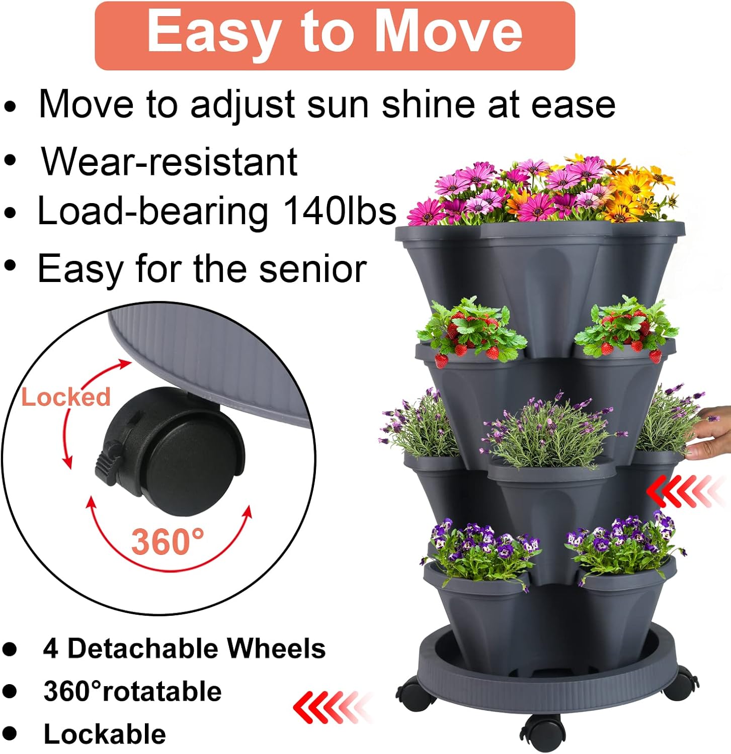 DUNCHATY Stackable Planter, Vertical Garden Planter with Wheels and Tools, Self Watering Strawberry