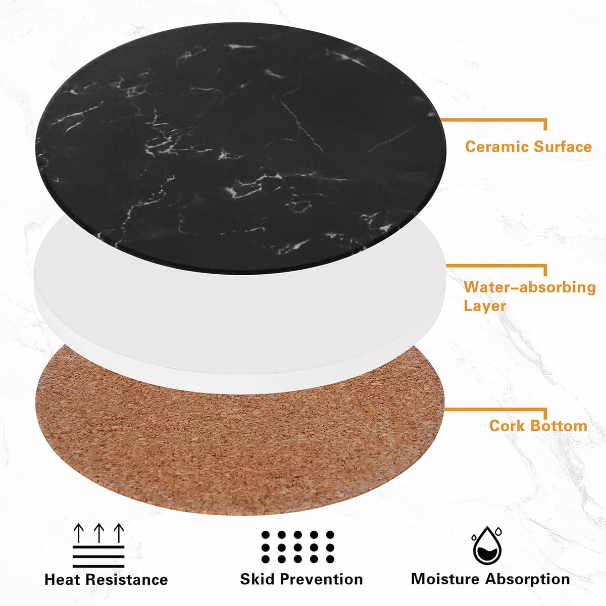 Drink Coasters with Holder Absorbent Ceramic Coasters Set of 6 Black Marble Style, 4 Inches