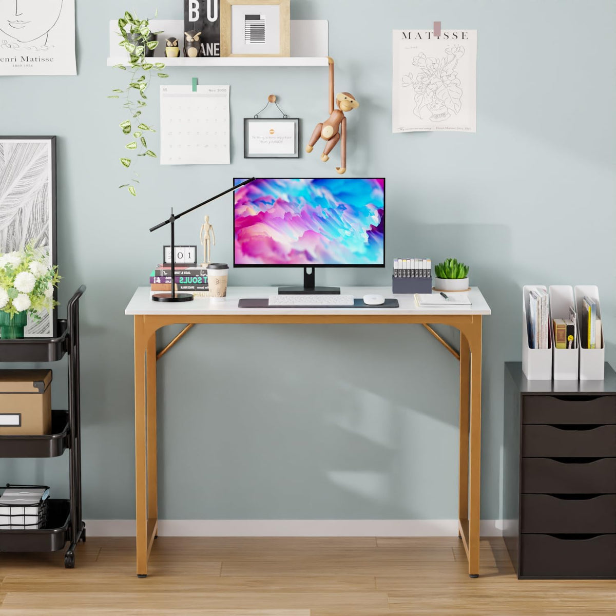 PayLessHere | 39 Inch Computer Desk | White Gold | Office Desk with Metal Frame, Adjustable Feet |