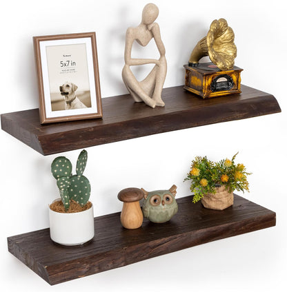 Floating Shelves for Wall, 24"x9.3" Rustic Solid Live-Edge Elm Wood Wall Shelves, Heavy-Duty