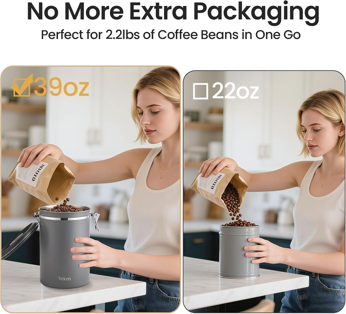 Veken Coffee Canister, 39OZ Large, Airtight Stainless Steel Food Storage Container for 2.2lbs