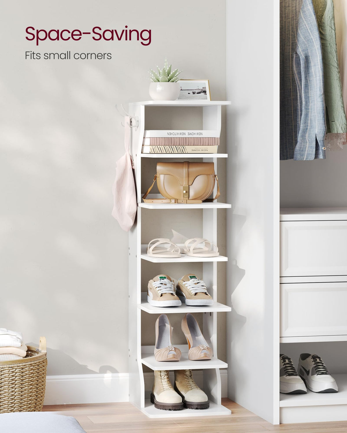 VASAGLE 7-Tier Vertical Shoe Rack, Narrow Shoe Storage Organizer with Hooks, Slim Corner Tower