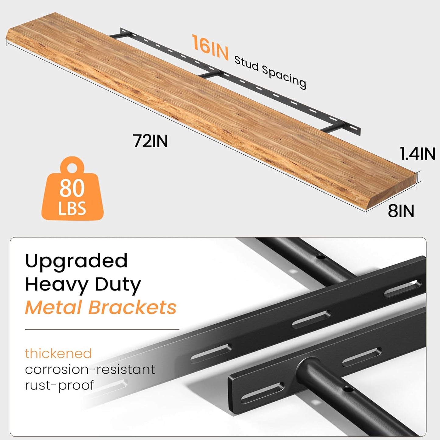 Floating Shelves for Wall, 72" Live Edge Solid Elm Wood Floating Shelf, Wall-Mounted Display