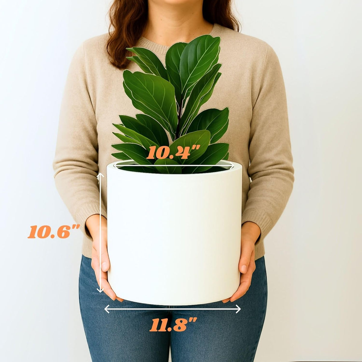 Fox & Fern Large 12 Inch Plant Pot with Hidden Saucer — Premium Lightweight Fiberstone Matte White