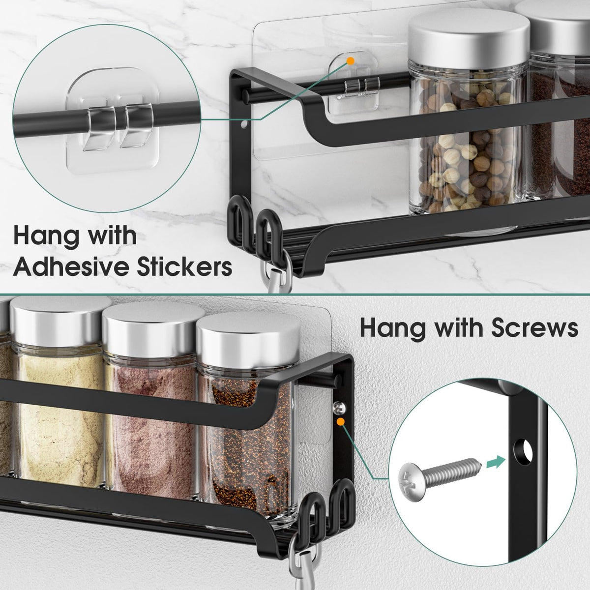 LUCYCAZ 4 Pack Wall Mounted Spice Rack with 16 Hooks, Spice Organizer Shelf for Stove Cabinet